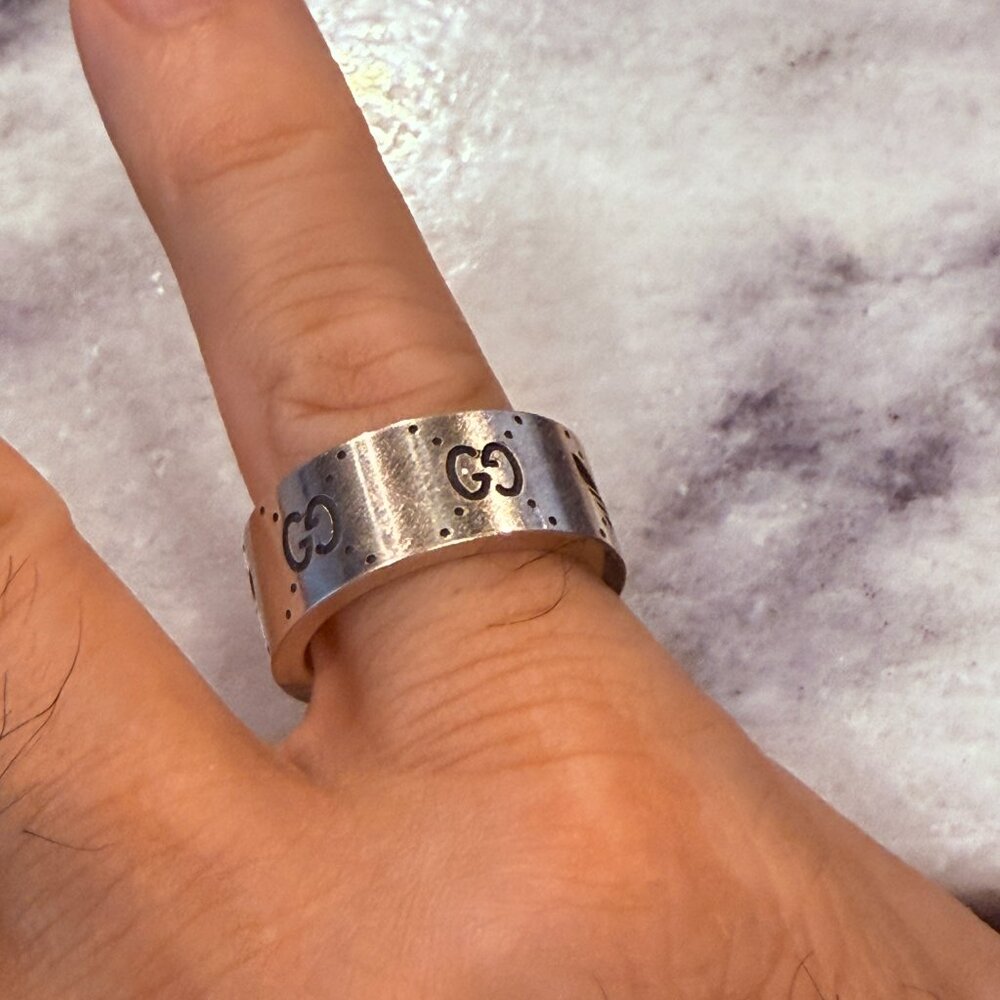 GUCCI X Adidas 702768 Engraved Ring Silver Ag925 GG Logo Size 21 (US 10) - Picture 5 of 13